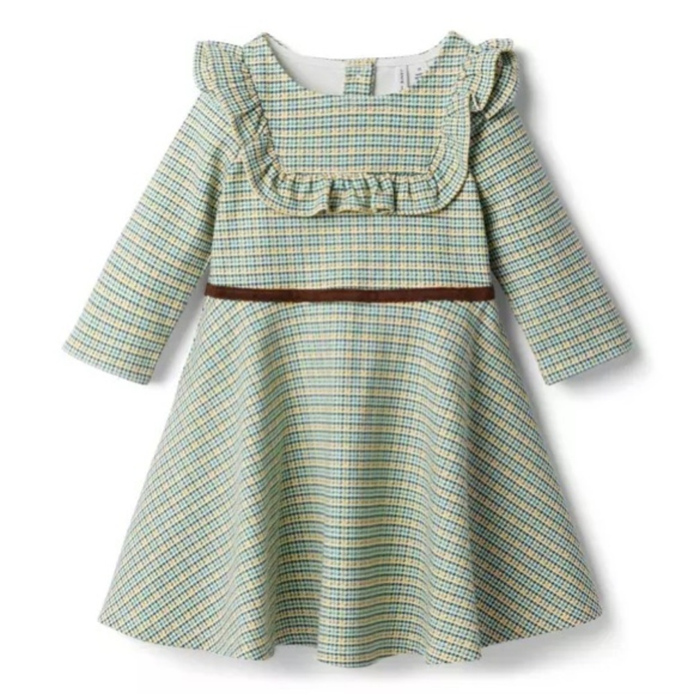 Janie & Jack Houndstooth Plaid Ruffle Ponte Dress Malachite Green Plaid size 8